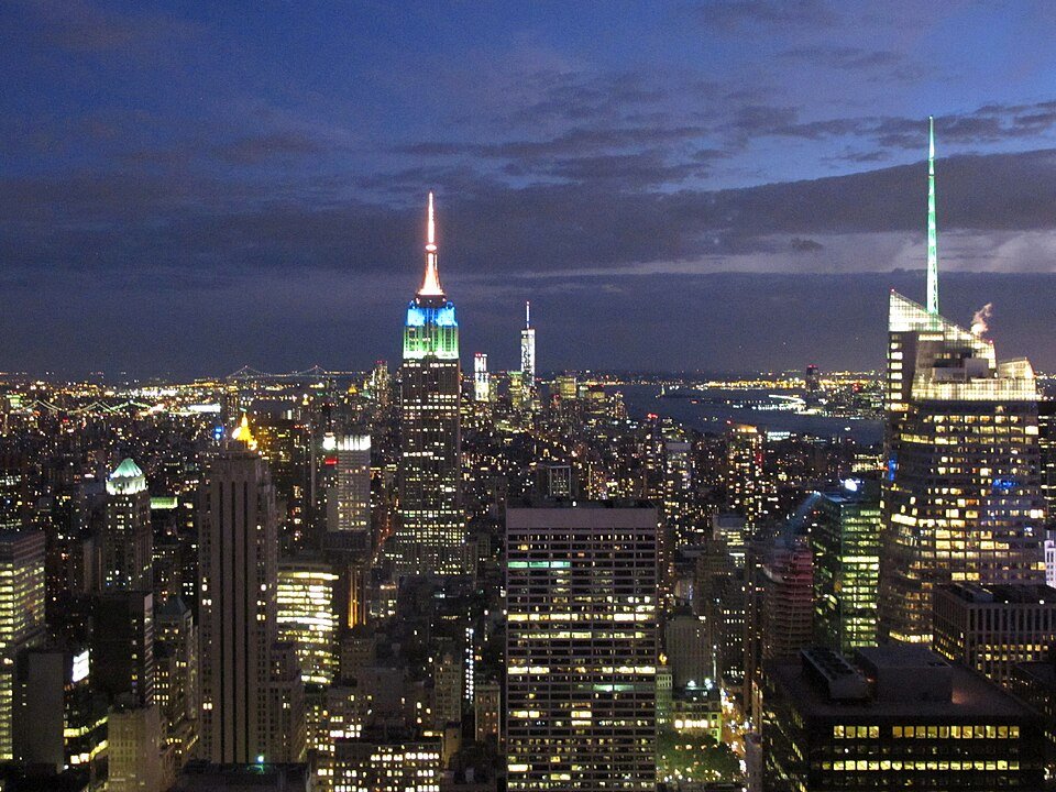 New York City skyline illuminated at night